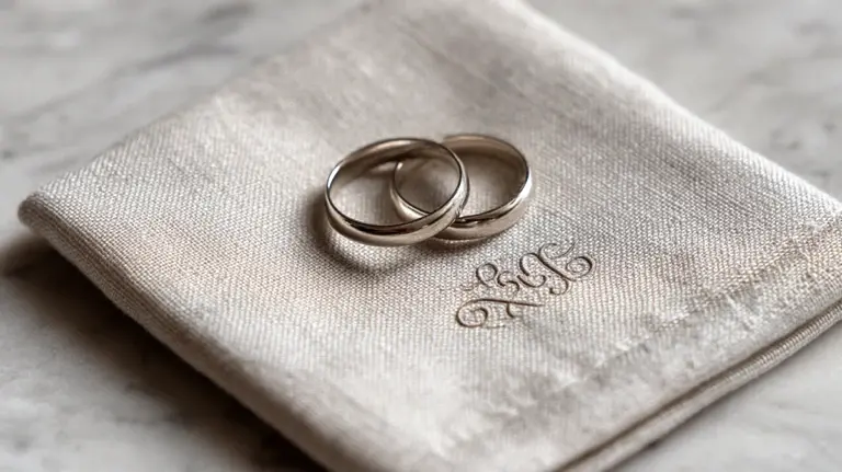 Graverade silverringar och en monogrambroderad textil som bröllopspresenter