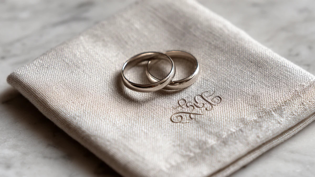 Graverade silverringar och en monogrambroderad textil som bröllopspresenter