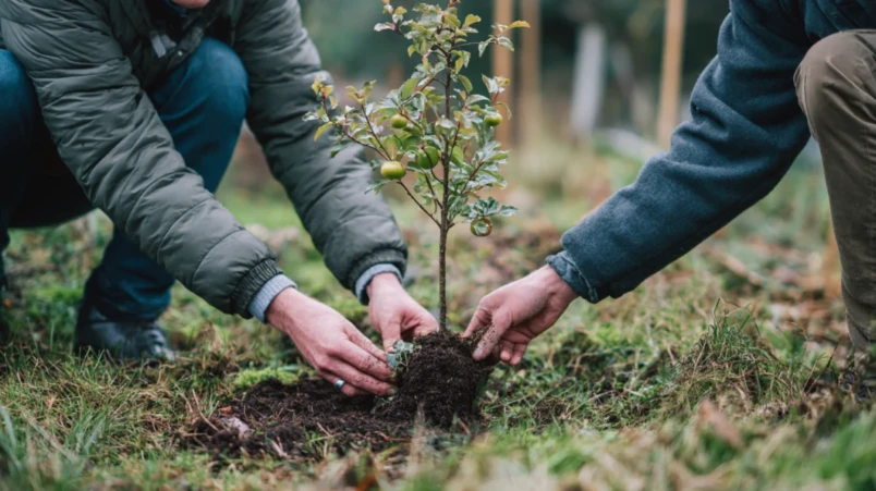 Par planterar ett fruktträd tillsammans som tradition på bröllopsdagen