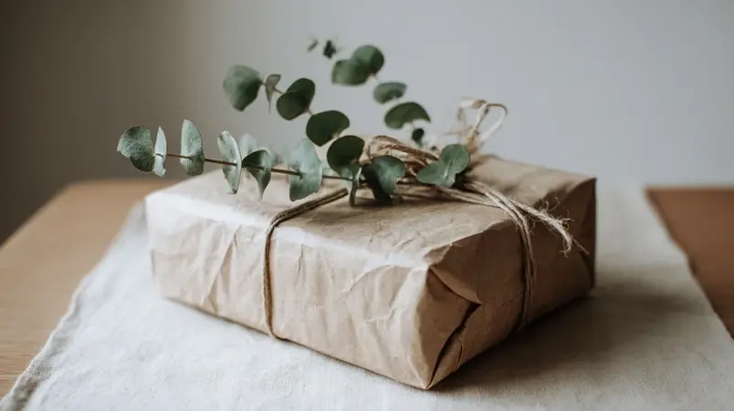 Bröllopspresent inslagen i kraftpapper med torkad eukalyptus och linnesnöre