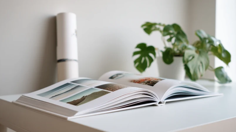 Fotobok och personlig poster som presenttips till pappersbröllopet, uppslagna på ett bord