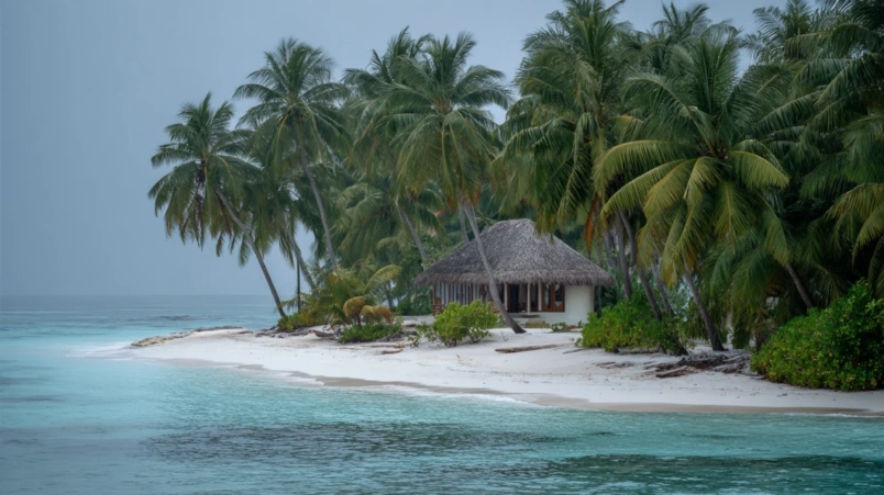 Privat ö-resort på Maldiverna med tom vit strand och palmträd