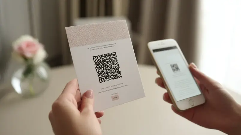 Bröllopsinbjudan med en liten QR-kod tryckt i hörnet för digital RSVP-hantering
