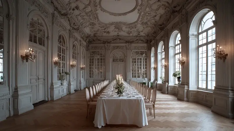 Rosersbergs Slottshotell festsal med 1700-talsinteriör och dukat bröllopsbord