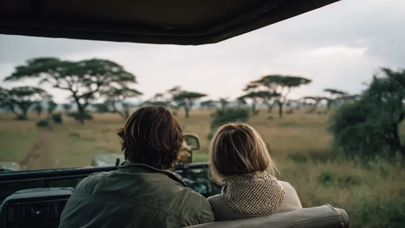 Par på safari i öppet landskap med afrikansk savann