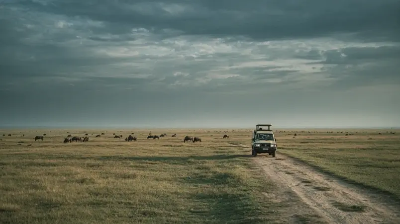 Safarifordon i Serengeti med grässlätt och gnuhjord i bakgrunden