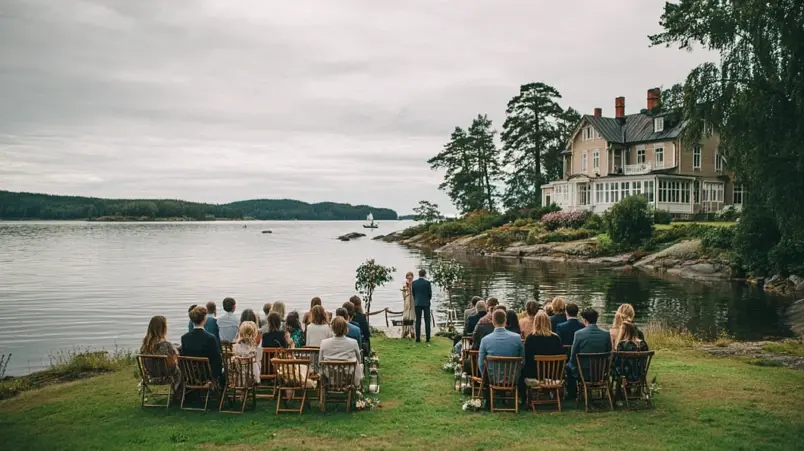 Vigselceremoni vid sjön framför en sjönära herrgård med gäster på gräsmattan
