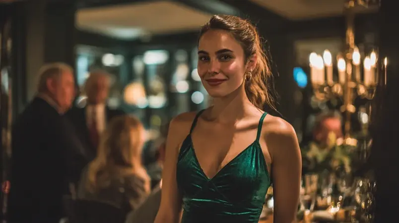 Smaragdgrön sammetsklänning på bröllopsgäst vid en formell kvällsfest inomhus