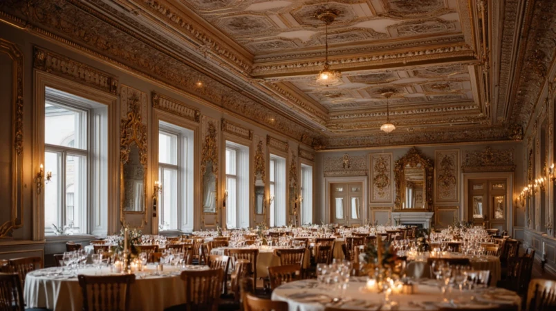 Historisk festsal i centrala Malmö med gyllene speglar och stuckatur liknande Spegelsalen