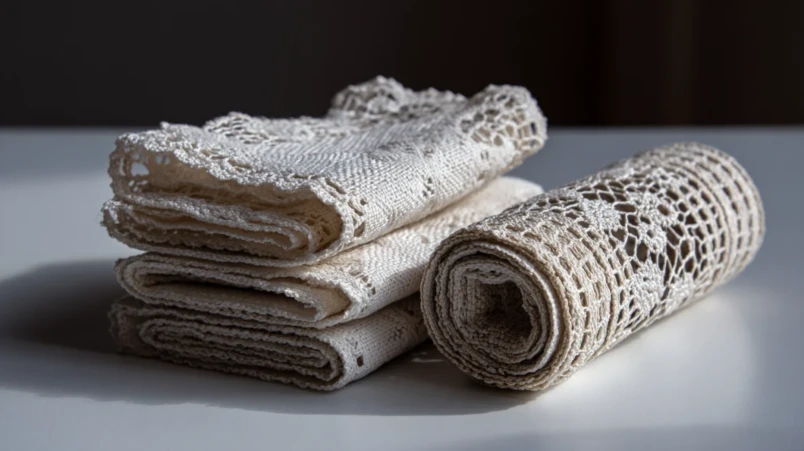 Handvävda spetsservetter och en spetsbordslöpare som klassiska presenter till spetsbröllopet