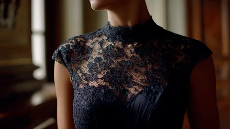 Närbild på svart klänning i spets med synliga detaljer i tyget