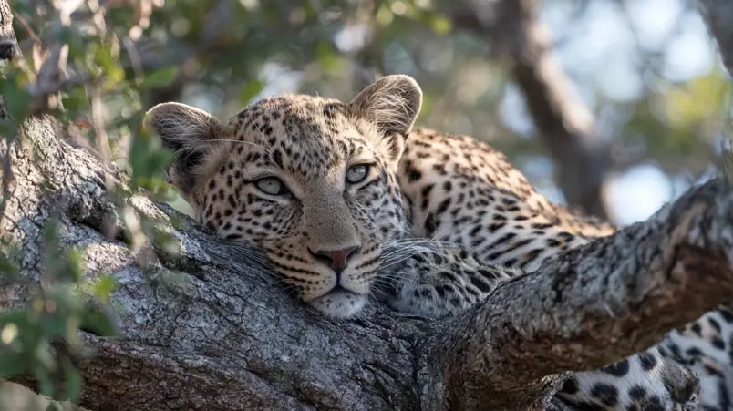Leopard i närbild bland buskar i Sabi Sands, Sydafrika