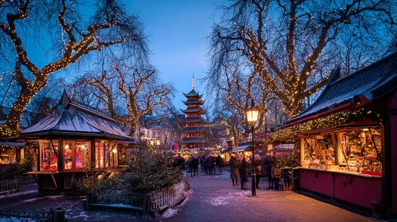 Tivoli Jul i Köpenhamn med julbelysning och julmarknadsstånd i vintermörker