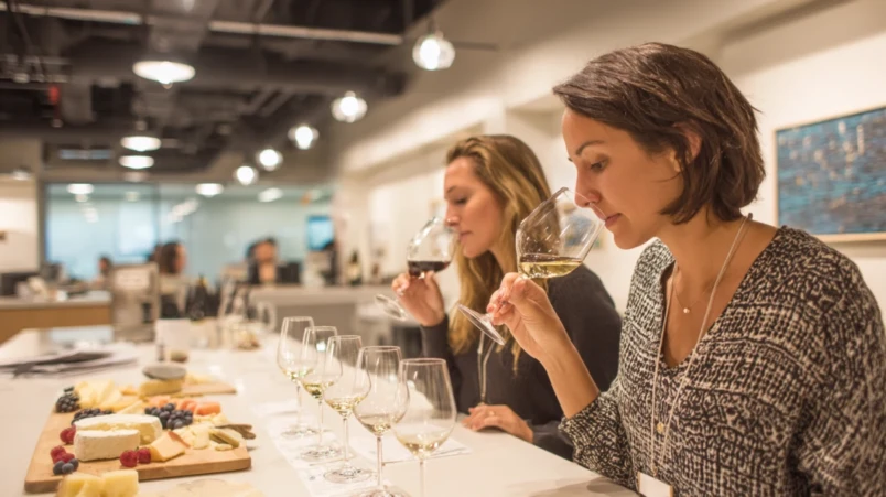 Par på vinprovning med ost och frukt som upplevelse på fjärde bröllopsdagen