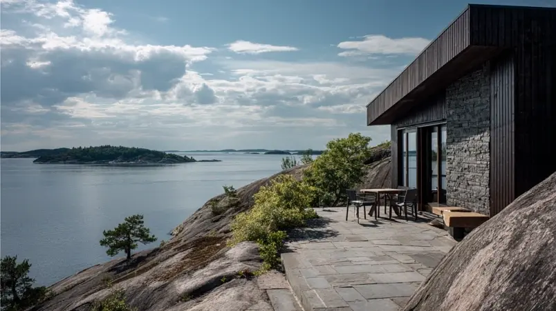 Yasuragi Hasseludden med japanskinspirerad arkitektur och utsikt över Stockholms skärgård
