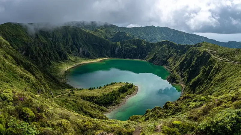Kratersjö på São Miguel, Azorerna omgiven av grön vegetation