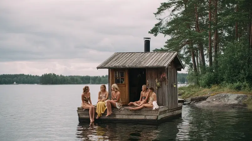 Bastuflotte på sjö med grupp som firar möhippa