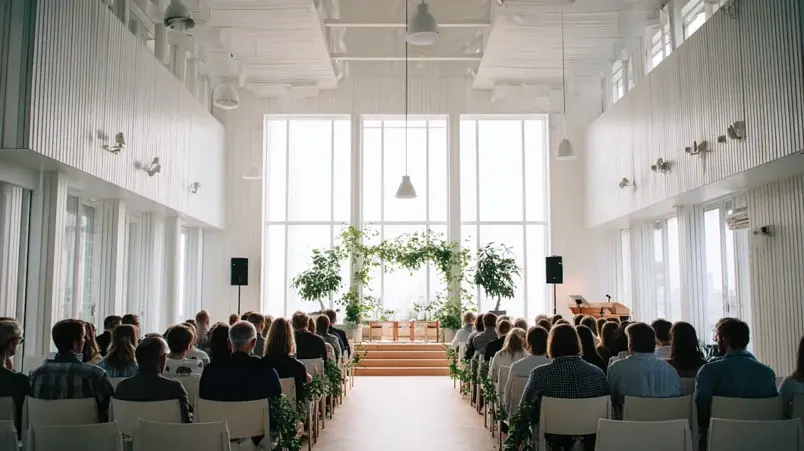 Bröllopsgäster sitter i en ljus festlokal inför en borgerlig vigsel