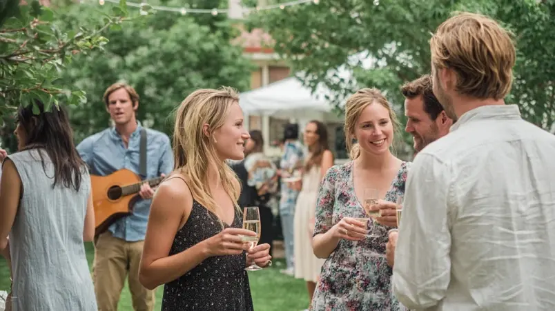 Bröllopsgäster som minglar utomhus med drinkar i handen efter vigsel