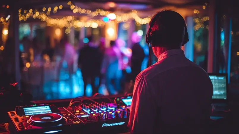 DJ vid mixerbord med dansande bröllopsgäster i bakgrunden