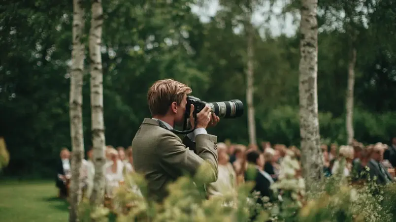 Bröllopsfotograf med professionell kamera under ett bröllop utomhus