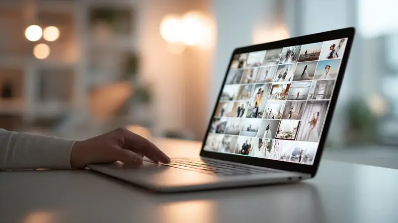 Laptop med ett digitalt bildgalleri från ett bröllop