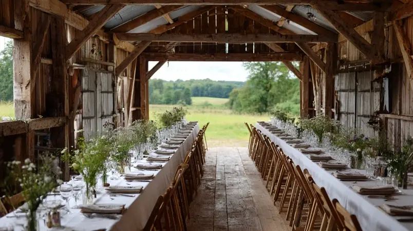 Svensk lada förberedd för bröllopsmiddag med dukat långbord