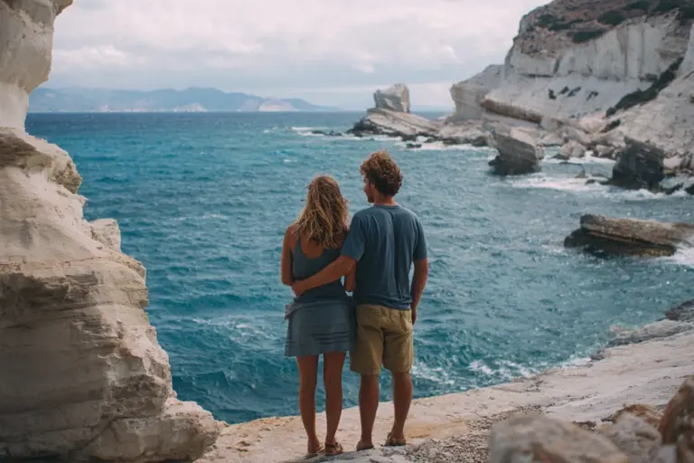 Par vid klippkant med utsikt över Medelhavet
