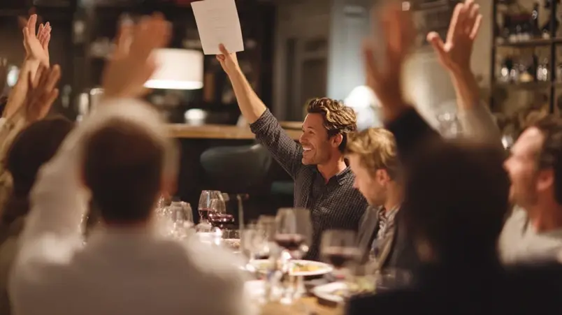 Grupp vid middagsbord som röstar med handuppräckning under brudgumsquiz