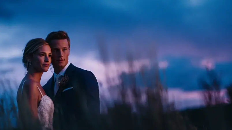 Brudpar poserar i kvällsljus med genomtänkt komposition i konstnärlig stil