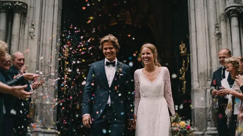 Brudpar som går ut genom kyrkporten efter vigseln medan gäster applåderar