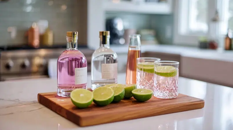 Hemmagjord cocktailbar med spritflaskor, juice och lime uppställda på ett bord