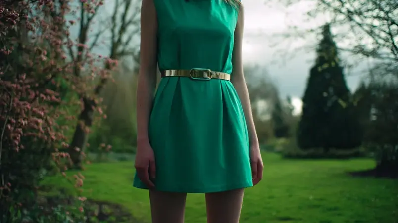 Kvinna i klänning med subtil skimmerdetalj på utomhusbröllop i dagsljus