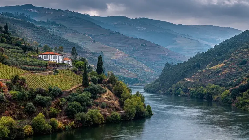 Vingård i Dourodalen med terrasser ovanför Dourofloden i Portugal