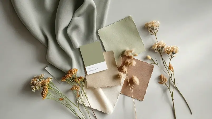 Tygprover och blombilder samlade som fysisk moodboard i dagsljus