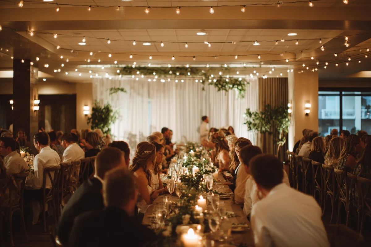 Bröllopsfest med gäster vid dukat bord och dansande par i bakgrunden