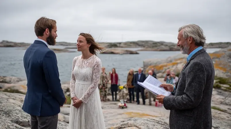 Fri vigselförrättare håller tal under utomhusceremoni vid havet