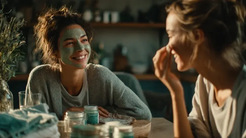 Kvinna som applicerar ansiktsmask vid ett köksbord under en möhippa hemma