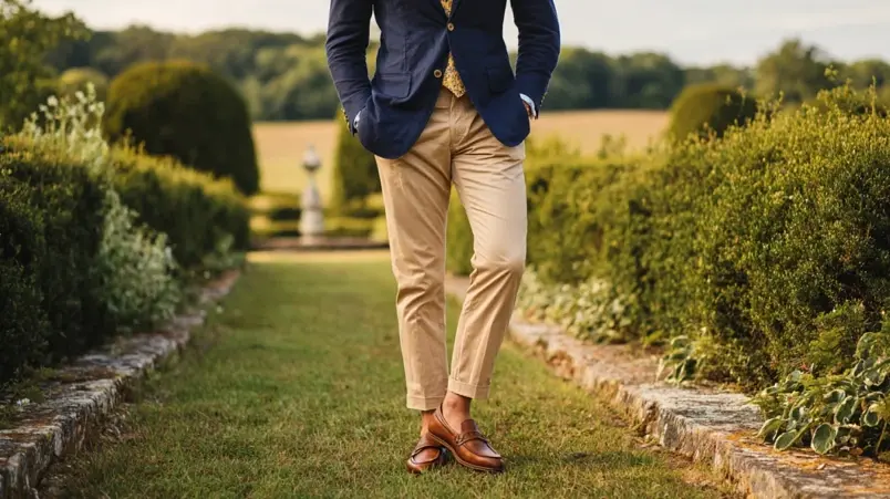 Marinblå blazer kombinerad med beigea chinobyxor och loafers