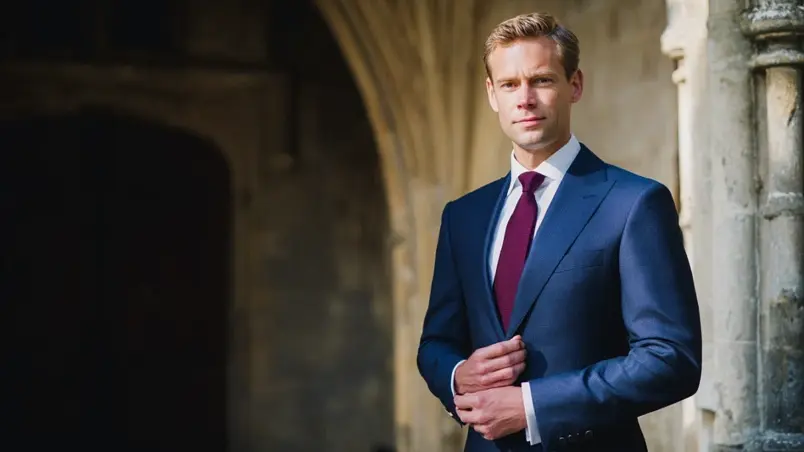 Marinblå kostym med vit skjorta och slips uppklädd för bröllop