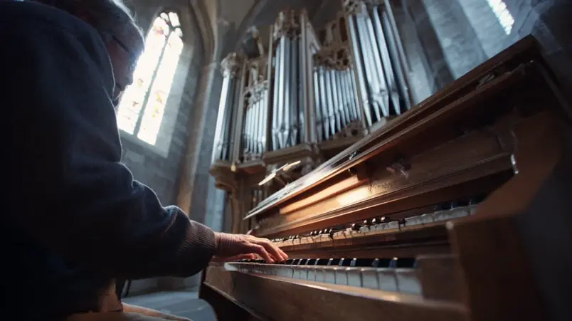 Organist som spelar på en pipeorgel i en svensk kyrka