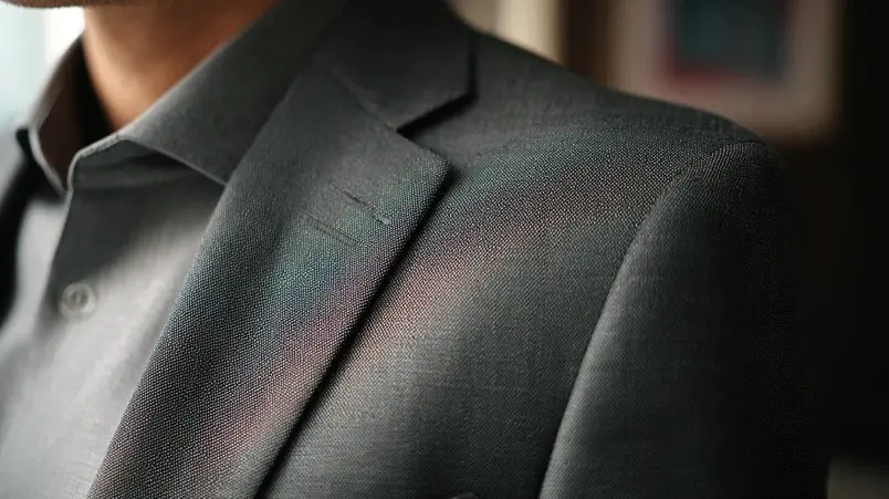 Närbild på kostymkavajens axelparti med korrekt passform