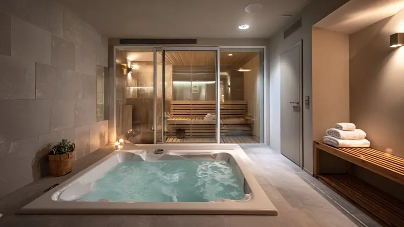 Privat spa-svit med jacuzzi och bastu bakom stängd dörr