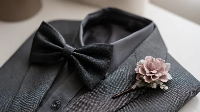 Fluga upplag bredvid en corsage på kavajslag