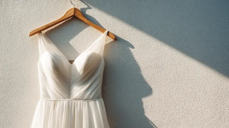 Brudklänning i lätt chiffong hänger på galge utomhus