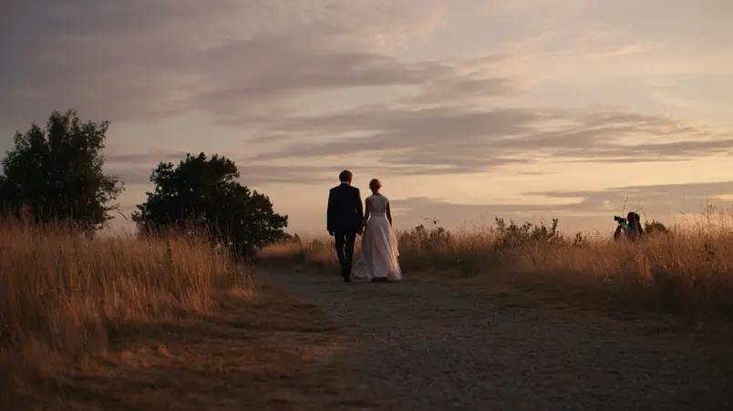 Brudpar fotograferas i mjukt kvällsljus en svensk sommarkväll