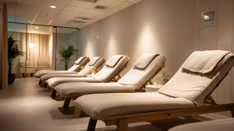 Tom relaxavdelning på spa med vilstolar och dämpad belysning