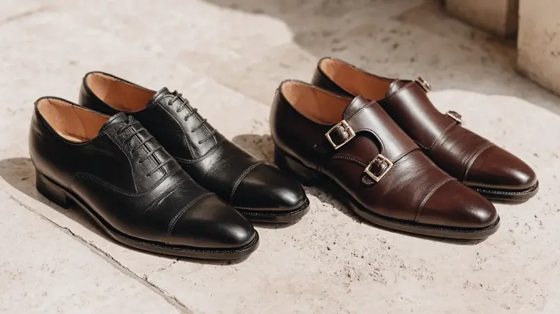 Svarta oxfordskor i läder bredvid bruna monk strap-skor