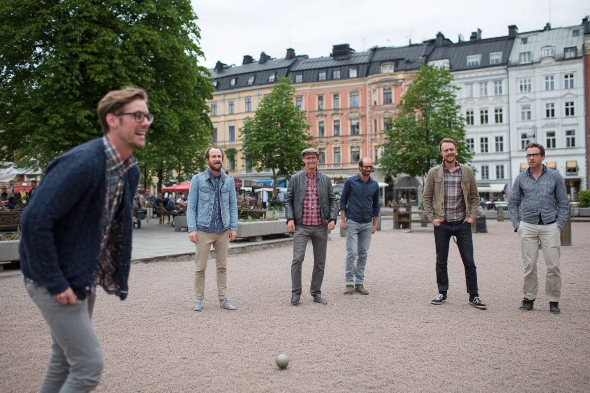 Grupp vänner som spelar boule utomhus i Malmö centrum