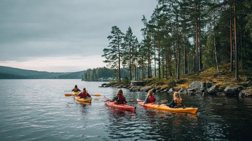 Vänner som paddlar kajak tillsammans på en sjö